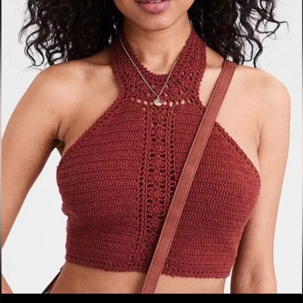 American Eagle Rust Halter Crochet Top Size Small